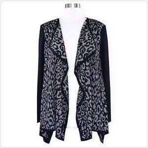 St. John Navy and White Jacquard Waterfall Open Front Cardigan Knit Sweater S